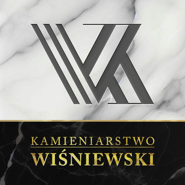 Logotyp Kamieniarstwa Wiśniewski wyryty na białym marmurze